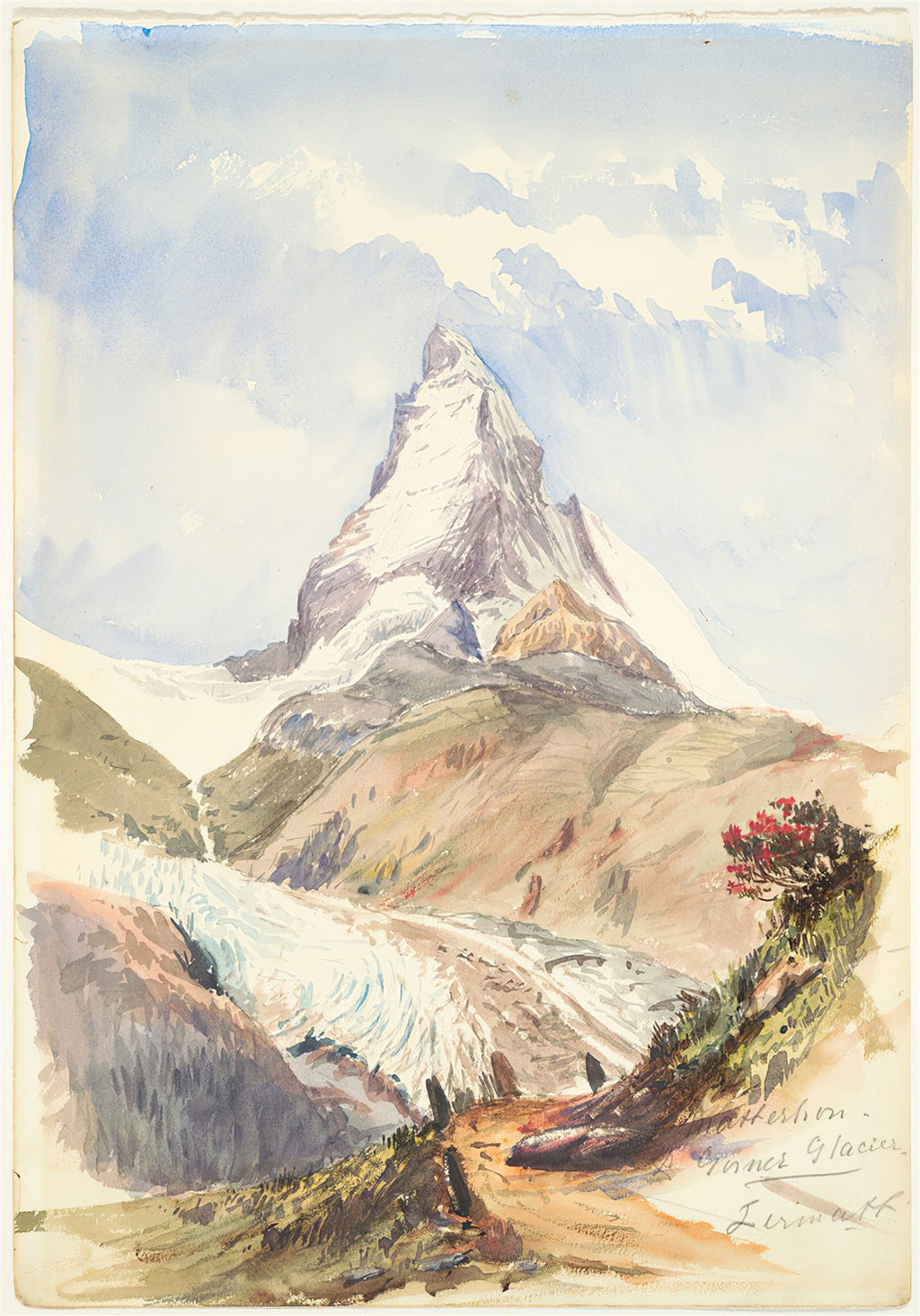 Aquarela de John Singer Sargent mostrando o Matterhorn, pico montanhoso nevado nos Alpes Suíços, com um glaciar na base e um arbusto florido em primeiro plano.
