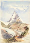 Aquarela de John Singer Sargent mostrando o Matterhorn, pico montanhoso nevado nos Alpes Suíços, com um glaciar na base e um arbusto florido em primeiro plano.