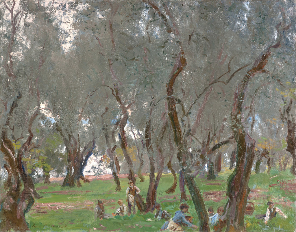 Pintura de John Singer Sargent, Campo de Oliveiras, Corfu. Cena campestre com pessoas sob oliveiras, luz filtrada pelas folhas em tons de verde, cinza e marrom.