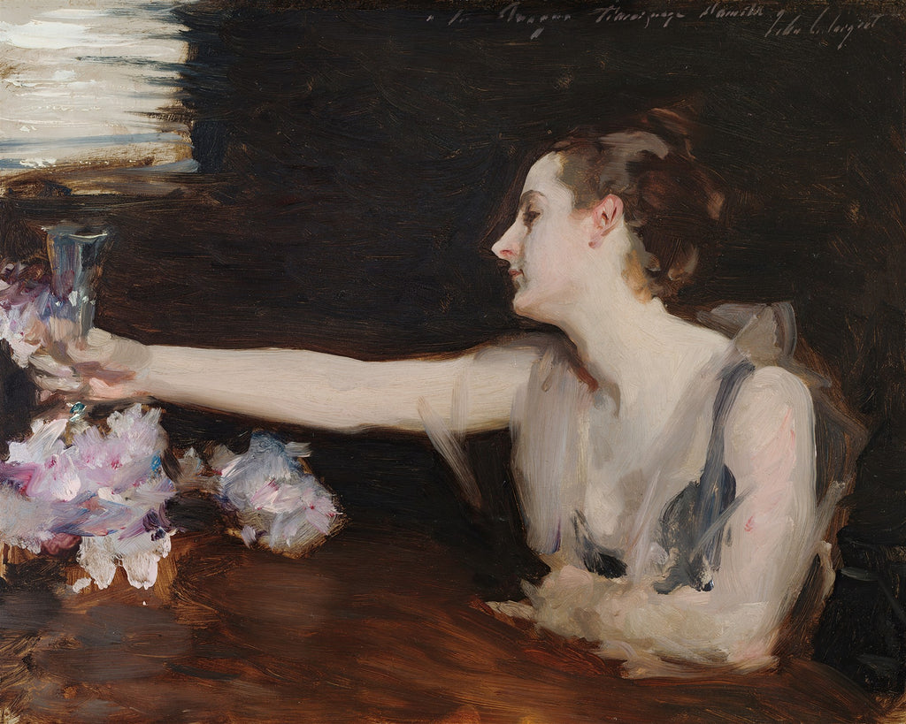 Pintura a óleo de John Singer Sargent, apresentando uma mulher de perfil, estendendo o braço para segurar um copo de cristal, com peônias rosadas sobre uma mesa escura. A iluminação destaca a pele clara da mulher e o brilho do copo, contrastando com um fundo em tons de marrom e preto.
