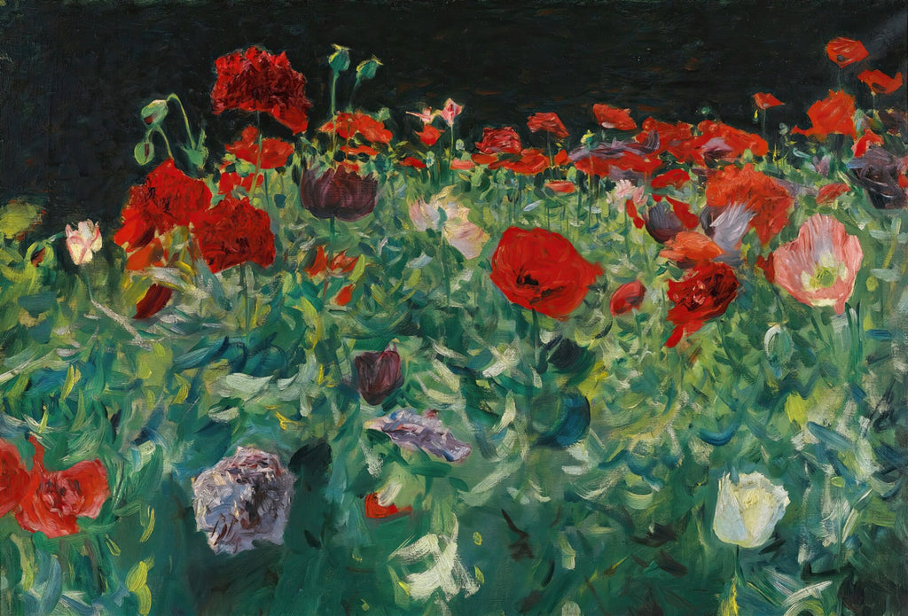 Quadro decorativo com pintura a óleo de um campo de papoulas vermelhas e algumas brancas, com hastes e folhas verdes em primeiro plano e um fundo escuro. As pinceladas são soltas e expressivas, típicas de John Singer Sargent.