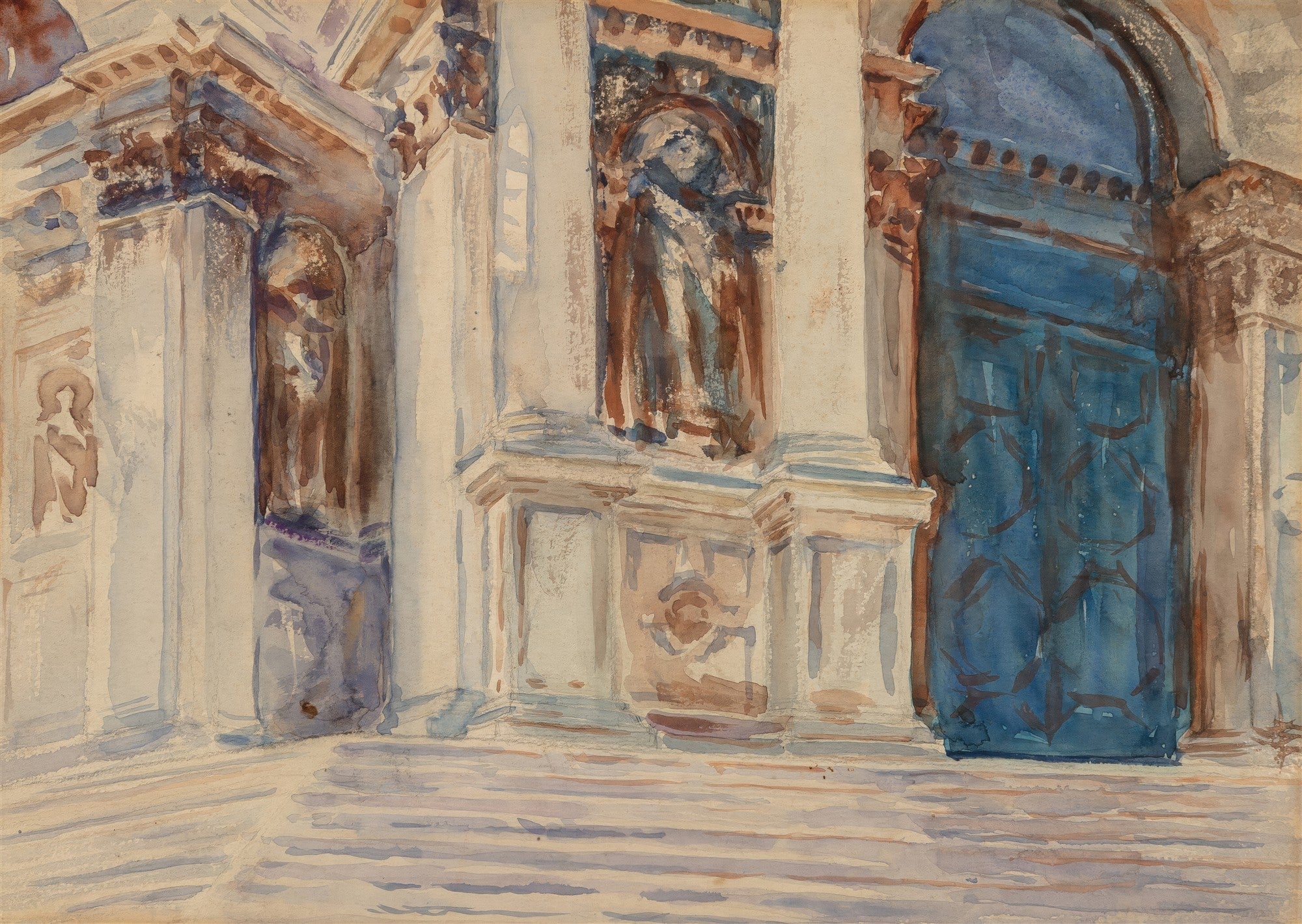 Aquarela de John Singer Sargent, mostrando detalhes arquitetônicos de um edifício em Veneza, com colunas, estátuas e uma porta azul vibrante, sob luz e sombra.