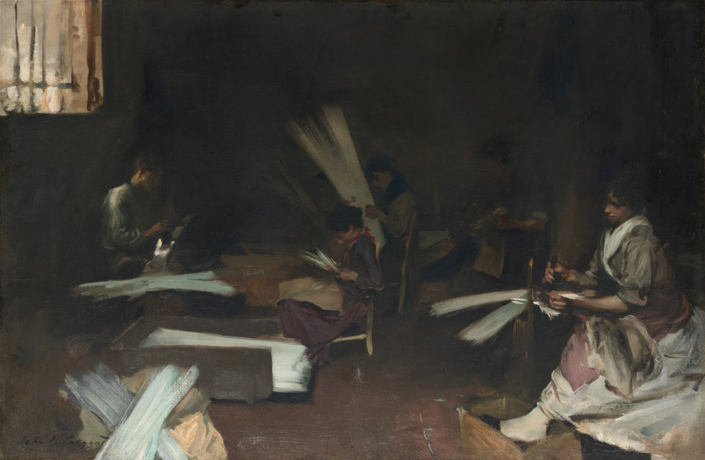 Pintura a óleo de John Singer Sargent, 'A Oficina de Vassouras', mostrando figuras em um ambiente escuro trabalhando com vassouras, com focos de luz iluminando o trabalho.
