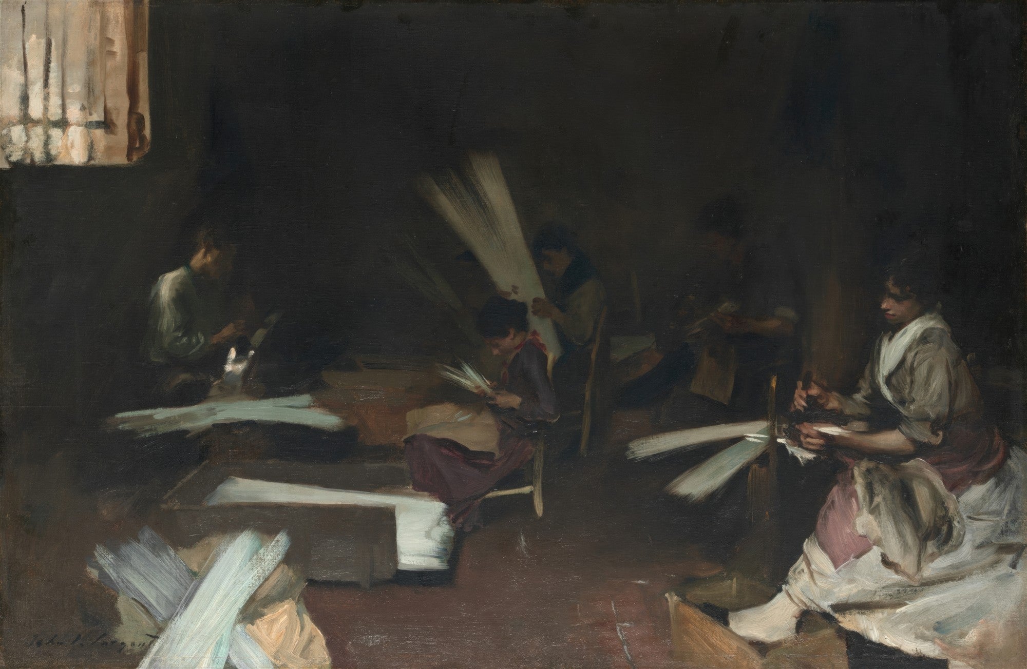 Pintura a óleo de John Singer Sargent, 'A Oficina de Vassouras', mostrando figuras em um ambiente escuro trabalhando com vassouras, com focos de luz iluminando o trabalho.