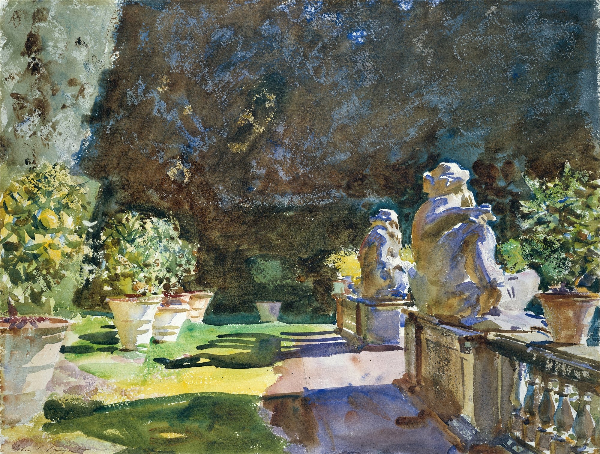 Aquarala de John Singer Sargent mostrando um jardim ensolarado com vasos de plantas e duas estatuetas de pedra sentadas em um parapeito, com sombras marcadas no gramado verde e folhagem escura ao fundo.