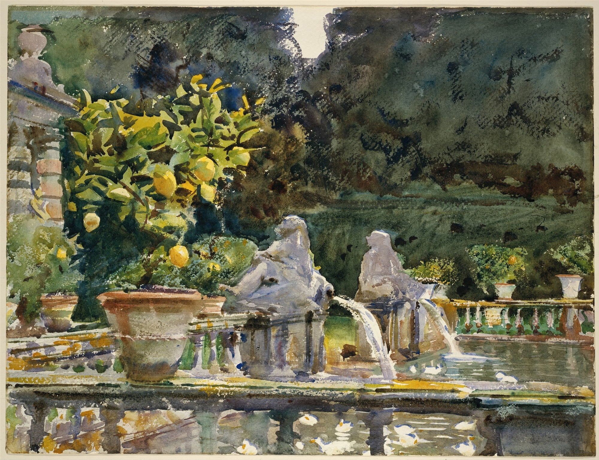 Aquarela de John Singer Sargent retratando um jardim italiano com limoeiros, fontes e estátuas, com reflexos na água e folhagens escuras ao fundo. A luz do sol ilumina a cena.