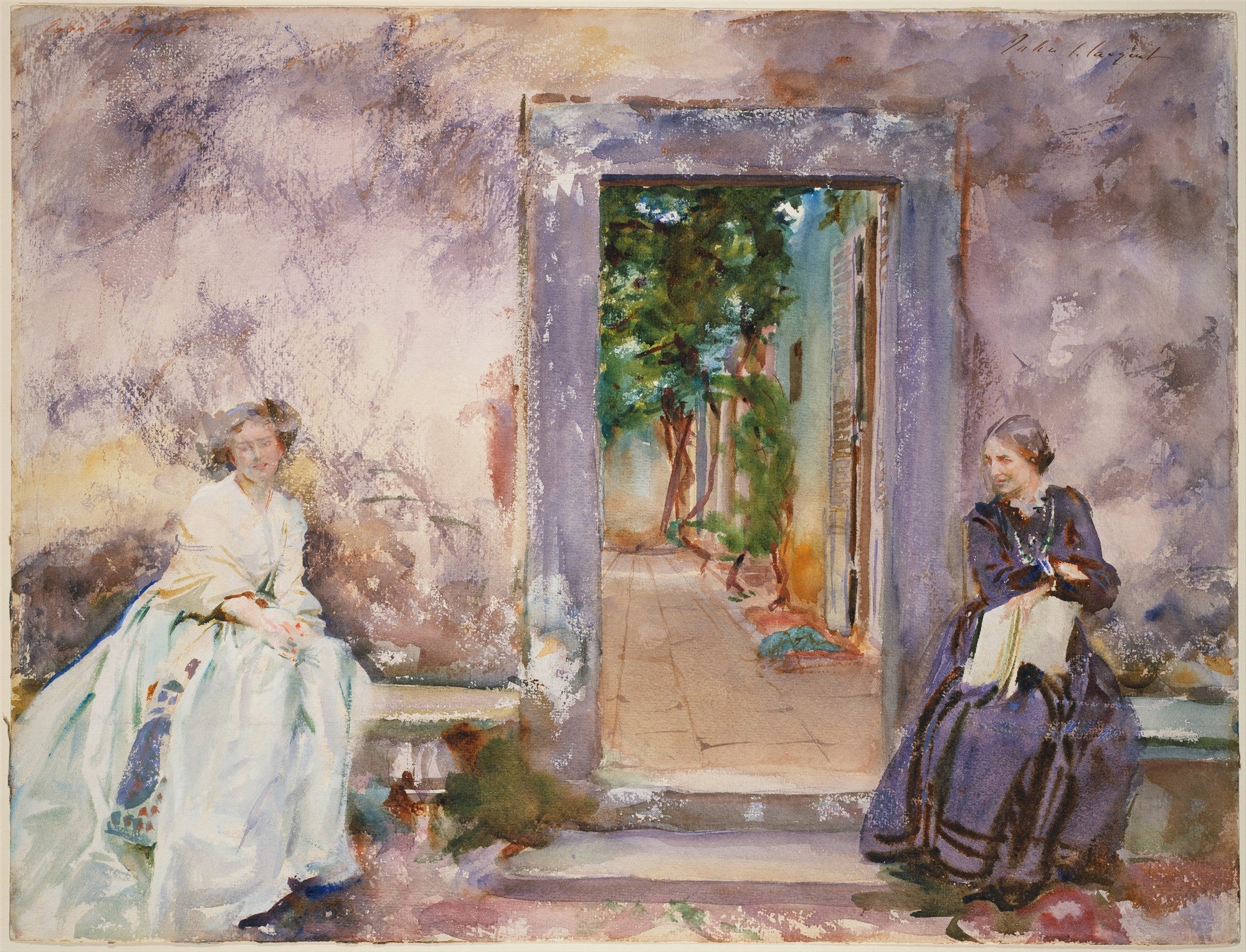 Pintura em aquarela de John Singer Sargent, 'Duas Mulheres em um Terraço', mostrando duas mulheres sentadas em um terraço, uma à esquerda com um vestido claro e outra à direita com um vestido escuro, ambas em um ambiente de pátio com uma porta aberta revelando vegetação.