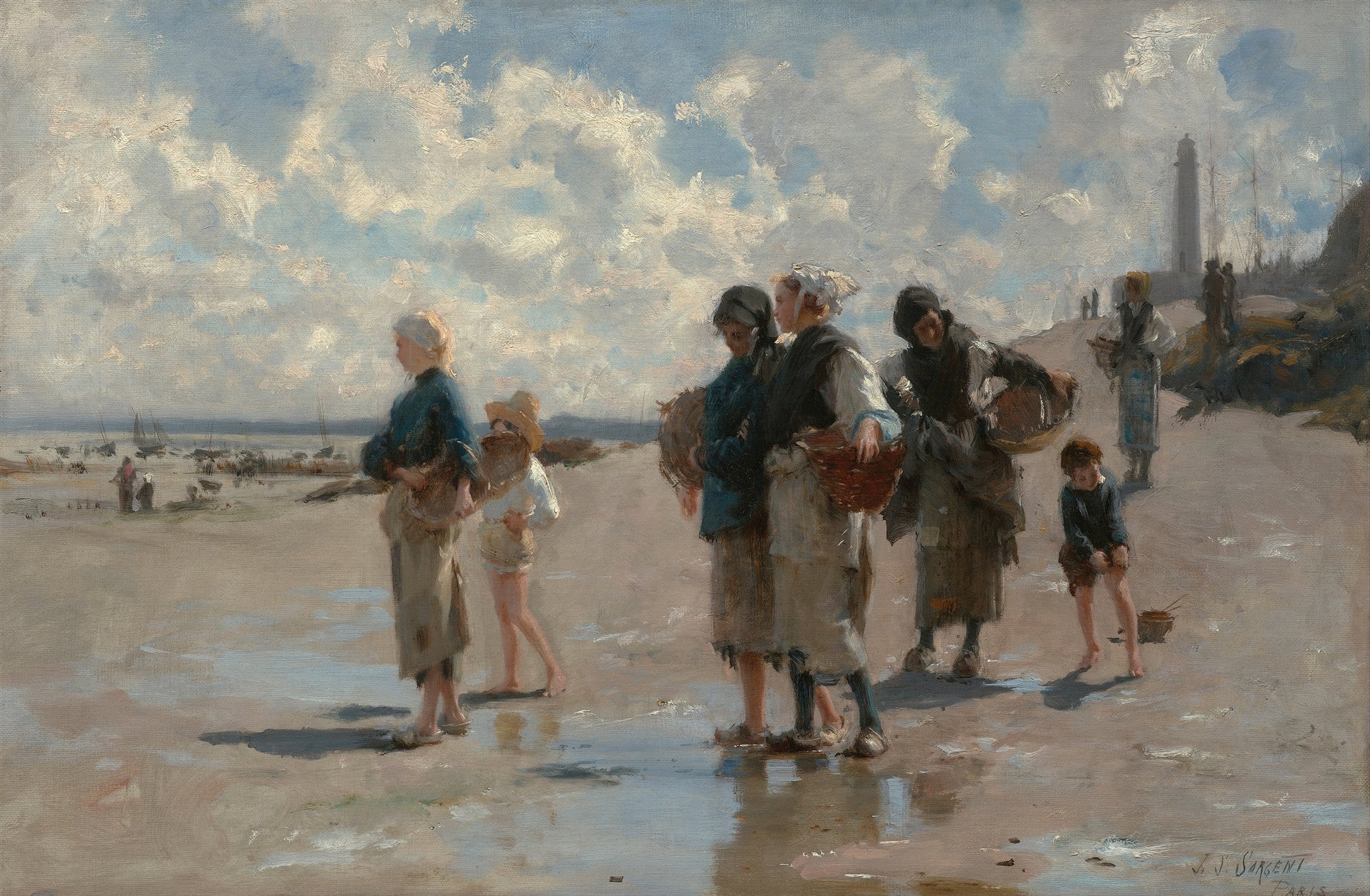 Pintura a óleo de John Singer Sargent mostrando um grupo de pescadoras e crianças em uma praia sob um céu nublado, com barcos ao fundo e um farol distante.