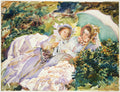 Quadro decorativo mostrando duas mulheres relaxando em um jardim, pintadas em aquarela com cores vibrantes e pinceladas soltas, sob a sombra de um guarda-sol. A obra é atribuída a John Singer Sargent.