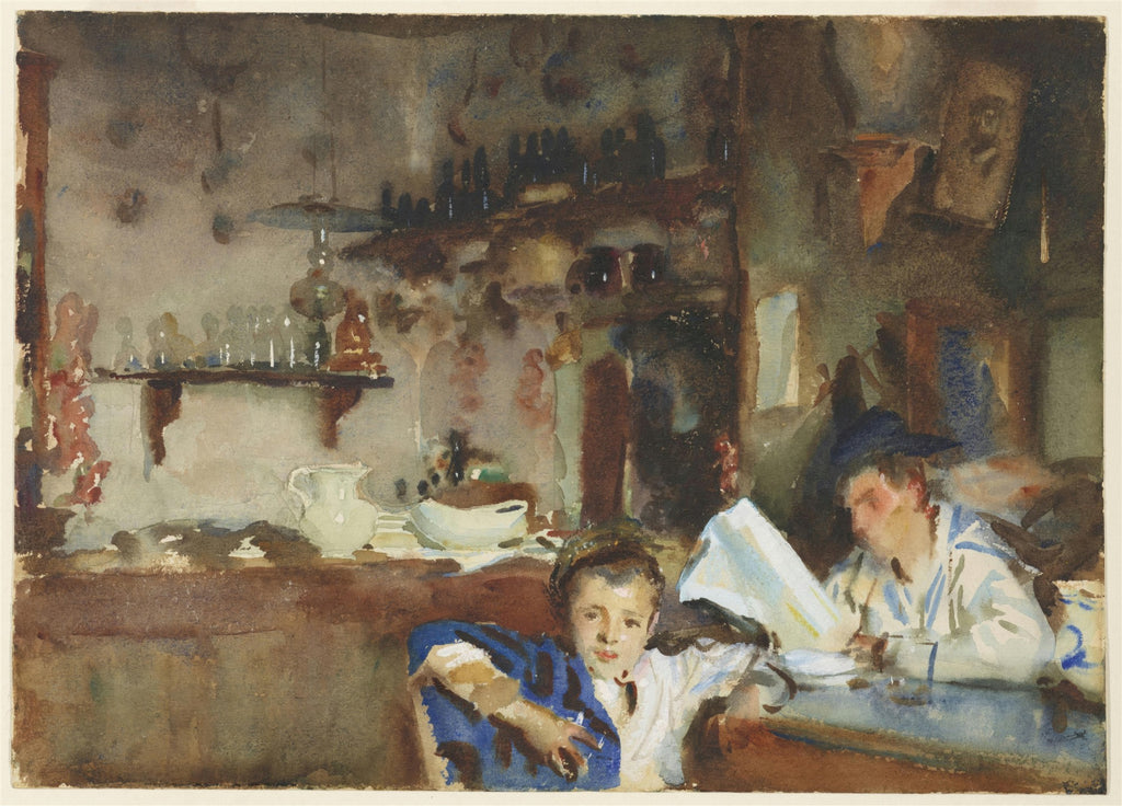 Aquarela de John Singer Sargent retratando uma cena de interior com duas figuras masculinas e objetos sobre uma prateleira e mesa, em tons terrosos e azul.