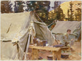 Aquarela de John Singer Sargent de um acampamento nas montanhas com tendas e uma figura sentada, ao pôr do sol.