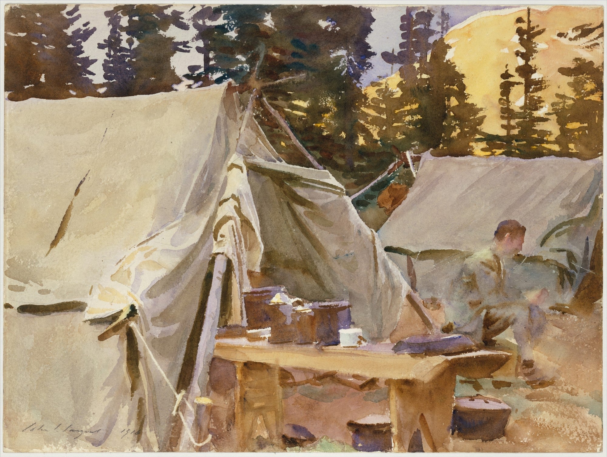 Aquarela de John Singer Sargent de um acampamento nas montanhas com tendas e uma figura sentada, ao pôr do sol.