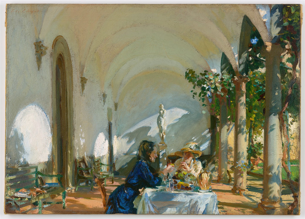 John Singer Sargent, 'Two Women Asleep in a Punt', mostra duas mulheres sentadas em uma mesa em uma arcada iluminada pelo sol. A luz entra por um jardim com colunas e folhagens, criando sombras dramáticas. Uma estátua branca pode ser vista ao fundo. A cena sugere um momento de relaxamento e contemplação em um ambiente mediterrâneo.