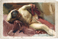 Aquarela de John Singer Sargent retratando uma figura reclinada, com corpo nu em tons claros e tecidos em tons de marrom e vermelho. A técnica é solta e impressionista, com pinceladas visíveis e contornos suaves, transmitindo intimidade e leveza. A composição é horizontal e o papel tem bordas irregulares.
