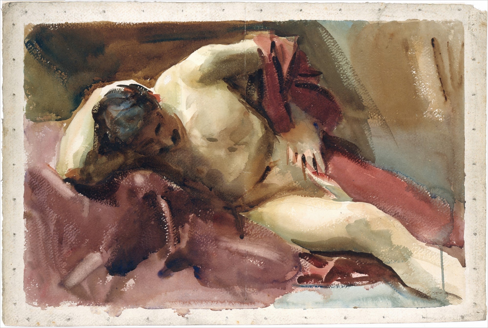 Aquarela de John Singer Sargent retratando uma figura reclinada, com corpo nu em tons claros e tecidos em tons de marrom e vermelho. A técnica é solta e impressionista, com pinceladas visíveis e contornos suaves, transmitindo intimidade e leveza. A composição é horizontal e o papel tem bordas irregulares.