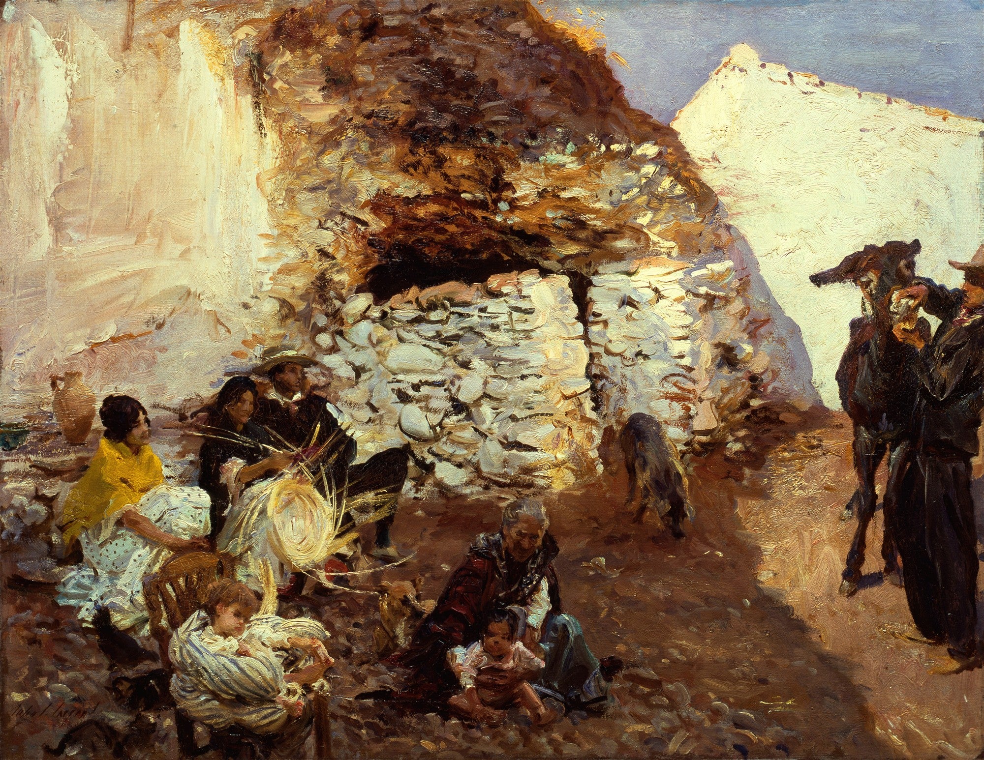 Quadro decorativo "Gypsies of Granada" de John Singer Sargent, mostrando grupo de ciganos em Granada, Espanha, com montanhas e arquitetura ao fundo, em tons terrosos e pinceladas soltas.