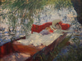 Pintura de John Singer Sargent, 'Two Girls in a Punt', mostrando duas mulheres em um barco sob a sombra de árvores, com reflexos de luz na água. Mulher de chapéu reclina em almofadas vermelhas.