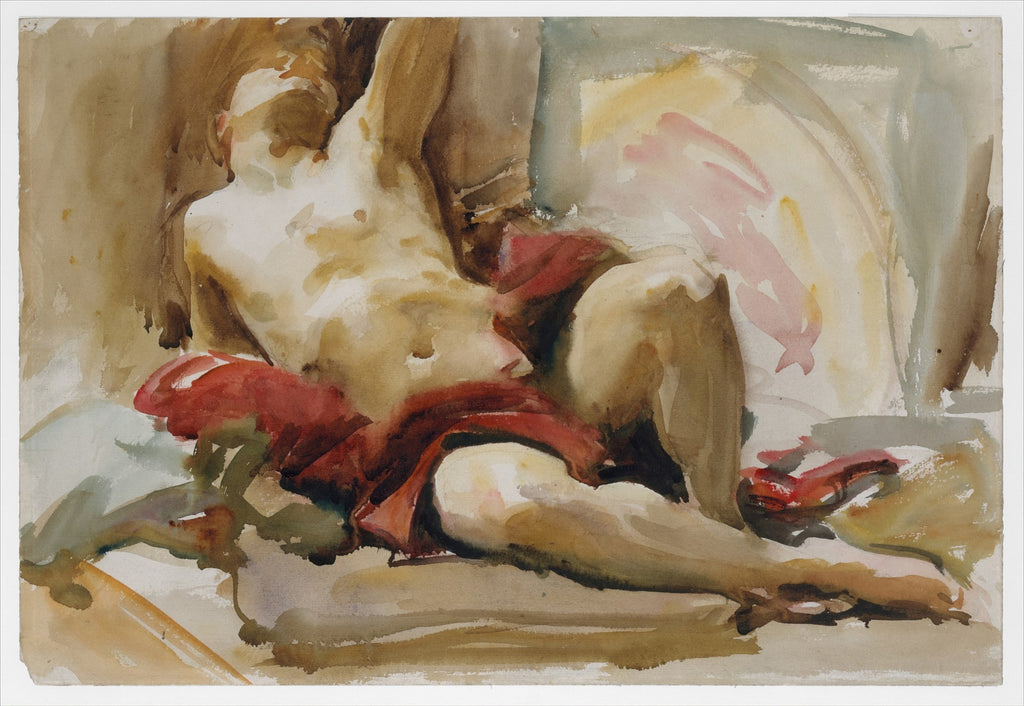 Aquarela de John Singer Sargent mostrando uma figura humana reclinada, com tons terrosos e vermelhos vibrantes na roupa, pinceladas soltas e expressivas.