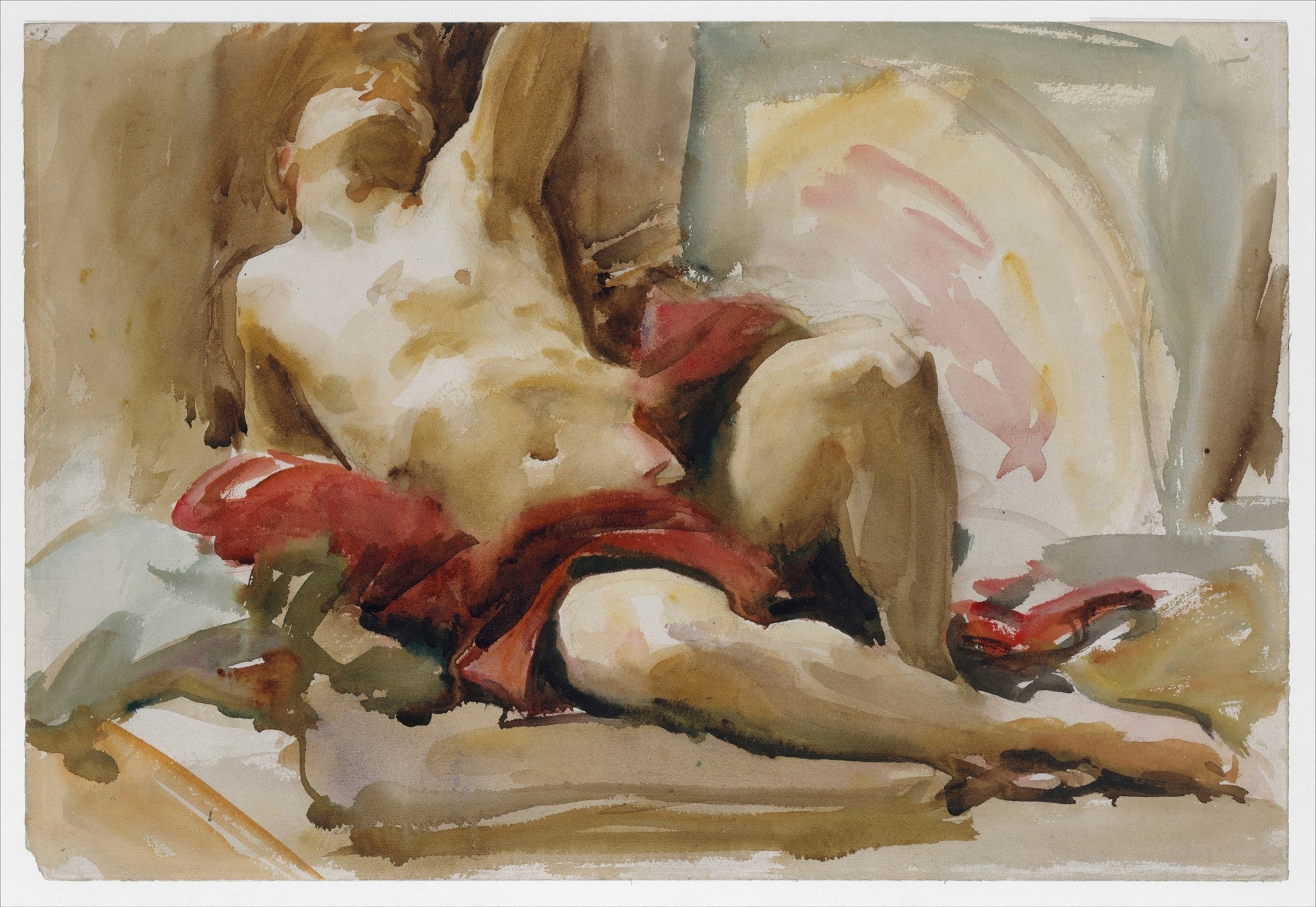 Aquarela de John Singer Sargent mostrando uma figura humana reclinada, com tons terrosos e vermelhos vibrantes na roupa, pinceladas soltas e expressivas.