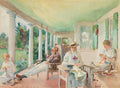 Pintura em aquarela de John Singer Sargent mostrando quatro pessoas relaxando em uma varanda com colunas brancas e vegetação exuberante ao fundo. Um homem fuma cachimbo, duas mulheres costuram e outra está sentada. O teto da varanda é verde claro.