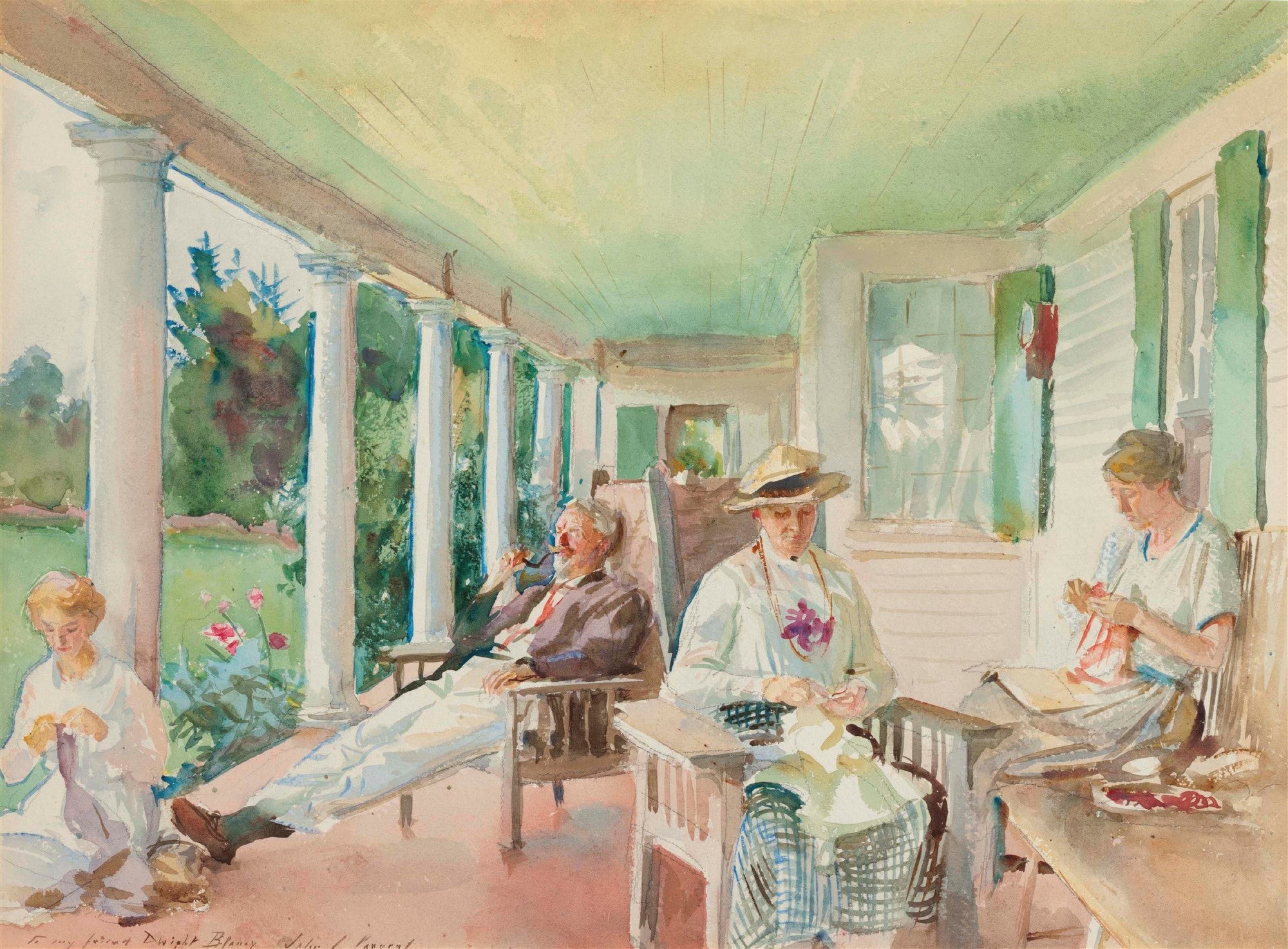 Pintura em aquarela de John Singer Sargent mostrando quatro pessoas relaxando em uma varanda com colunas brancas e vegetação exuberante ao fundo. Um homem fuma cachimbo, duas mulheres costuram e outra está sentada. O teto da varanda é verde claro.