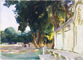 Aquarela de John Singer Sargent mostrando uma paisagem com árvores frondosas à esquerda e uma construção de estilo clássico à direita, banhada por luz solar intensa. Pequenas figuras humanas são vistas ao fundo, em um campo aberto. A técnica de aquarela é visível nas pinceladas soltas e na transparência das cores.