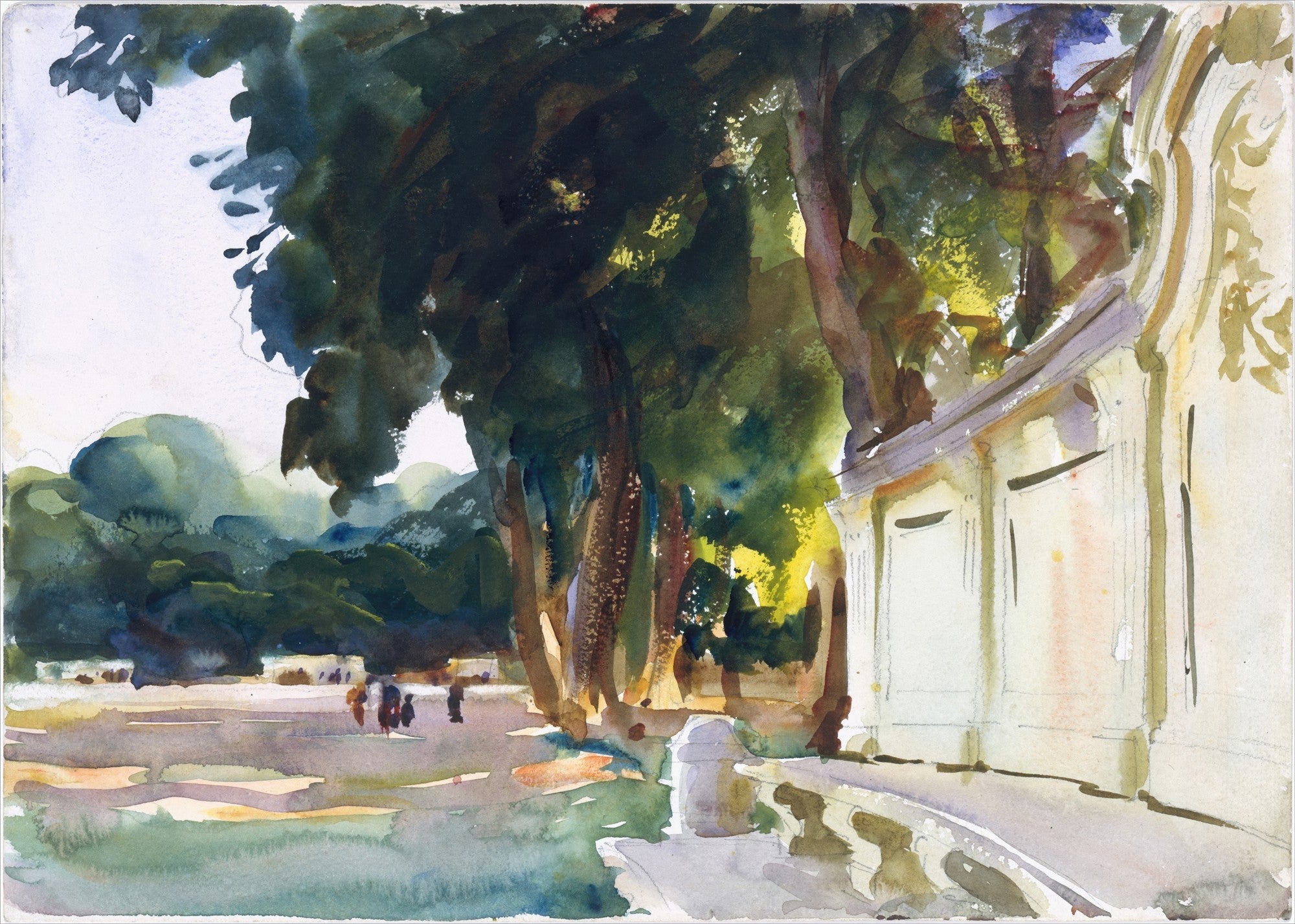 Aquarela de John Singer Sargent mostrando uma paisagem com árvores frondosas à esquerda e uma construção de estilo clássico à direita, banhada por luz solar intensa. Pequenas figuras humanas são vistas ao fundo, em um campo aberto. A técnica de aquarela é visível nas pinceladas soltas e na transparência das cores.