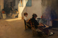 Pintura a óleo de John Singer Sargent, 'Pátio Espanhol', mostrando figuras femininas sentadas em um pátio ensolarado, com forte contraste de luz e sombra. A cena mostra mulheres em afazeres cotidianos, com arquitetura mediterrânea ao fundo. É uma cena de gênero com tons terrosos e iluminação dramática.