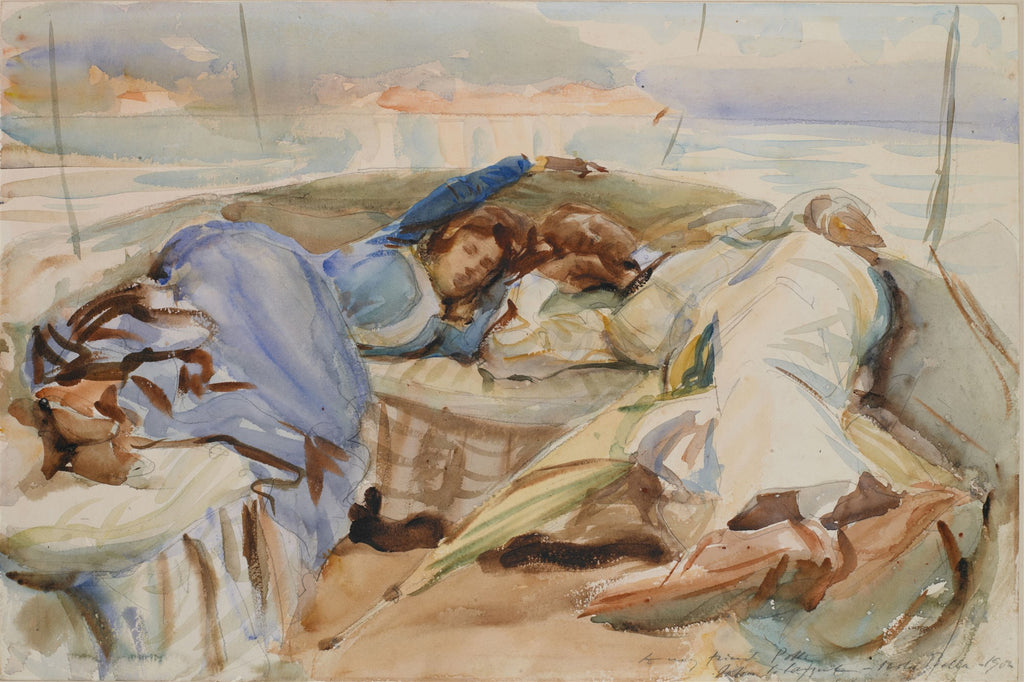 Aquarela de John Singer Sargent representando três figuras, provavelmente crianças, dormindo dentro de um pequeno barco (dory) em tons de azul, marrom e verde, com um fundo de mar e céu em tons pastel.