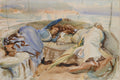 Aquarela de John Singer Sargent representando três figuras, provavelmente crianças, dormindo dentro de um pequeno barco (dory) em tons de azul, marrom e verde, com um fundo de mar e céu em tons pastel.