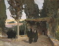 Pintura a óleo de John Singer Sargent retratando figuras femininas vestidas de preto, parecendo freiras, caminhando em um jardim sombrio com árvores verdes altas e um túnel de folhagem à direita. A luz do sol ilumina o fundo pálido e parte do caminho.