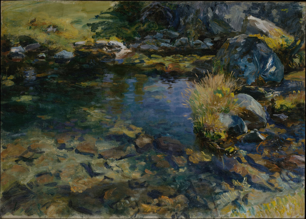 Pintura a óleo de John Singer Sargent mostrando um córrego raso em uma montanha com pedras no leito, água transparente e vegetação verde e amarela nas margens.