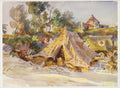 Aquarela de John Singer Sargent retratando um campo de tendas militares com uma tenda grande em primeiro plano, árvores ao fundo e um veículo com a cruz vermelha. As cores são terrosas e em tons de verde.