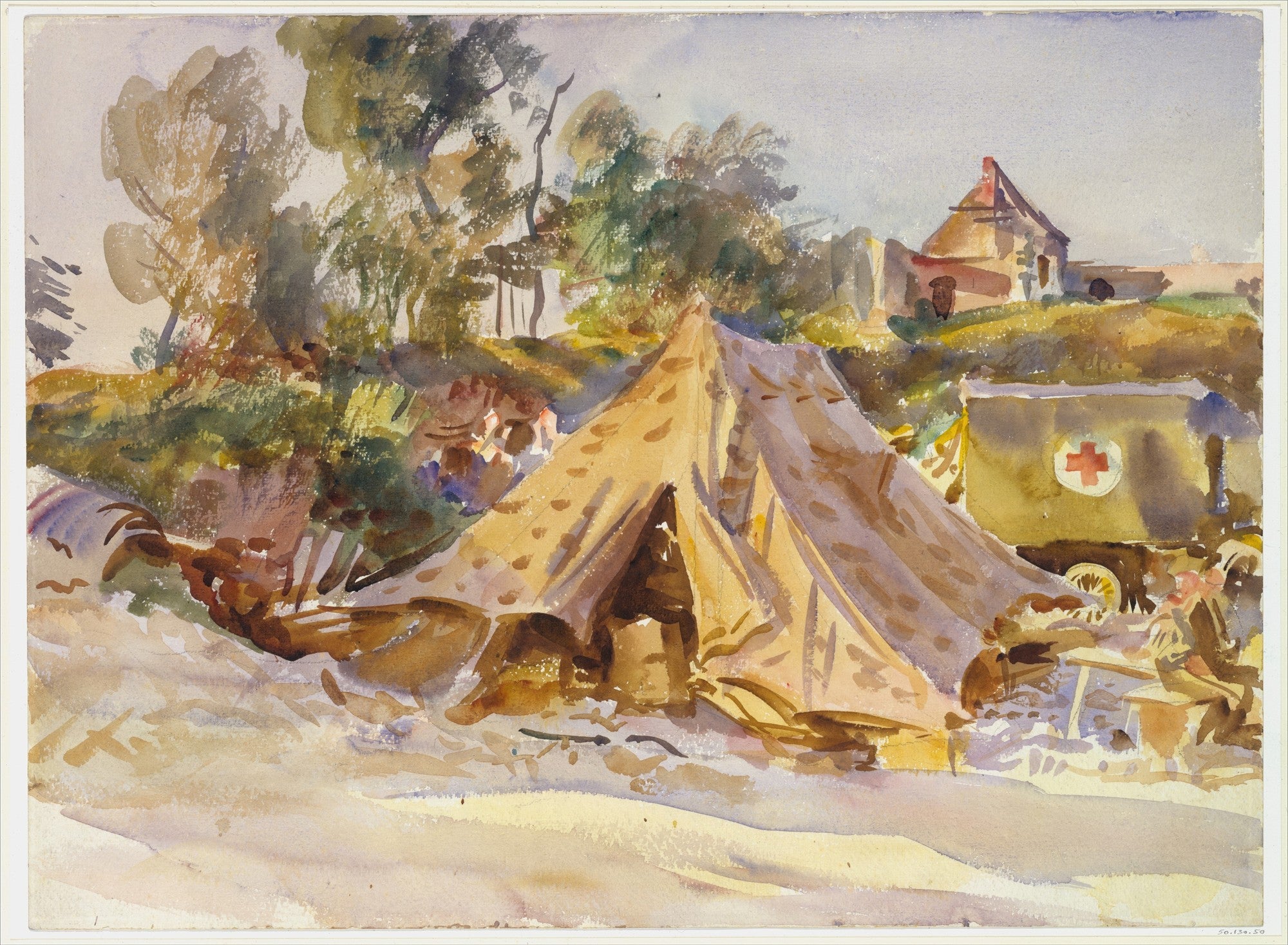 Aquarela de John Singer Sargent retratando um campo de tendas militares com uma tenda grande em primeiro plano, árvores ao fundo e um veículo com a cruz vermelha. As cores são terrosas e em tons de verde.