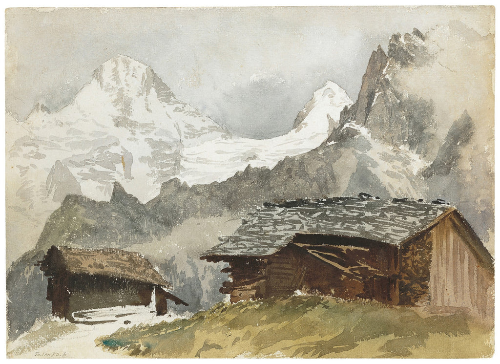 Aquarela de John Singer Sargent mostrando paisagem montanhosa com picos nevados e dois chalés de madeira em primeiro plano
