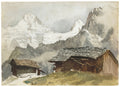 Aquarela de John Singer Sargent mostrando paisagem montanhosa com picos nevados e dois chalés de madeira em primeiro plano