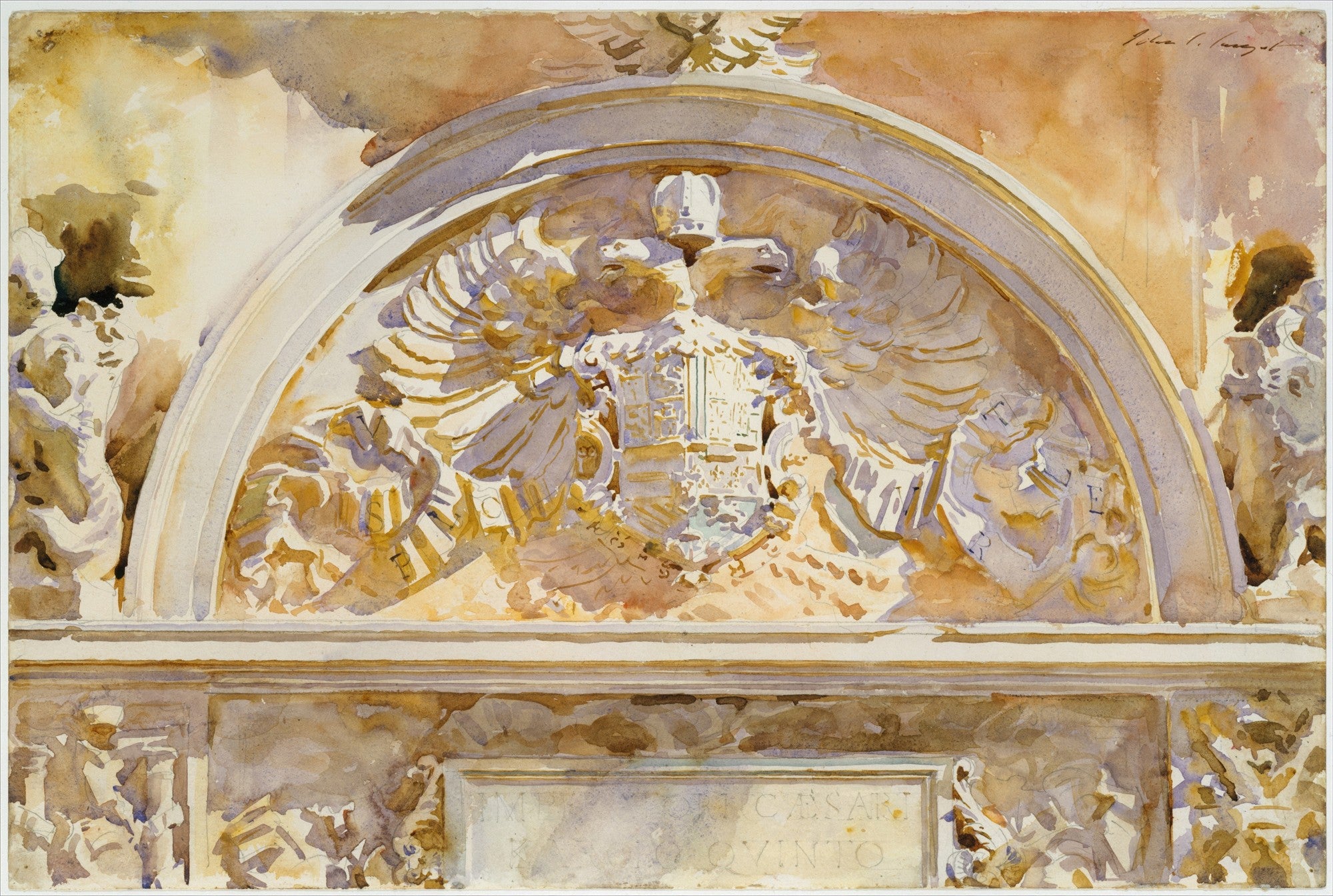 Aquarela de John Singer Sargent retratando um brasão imperial ricamente detalhado com águias e coroas, em tons terrosos e quentes, com forte contraste de luz e sombra. A técnica de aquarela é evidente, com pinceladas fluidas e transparentes.
