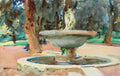 Pintura em aquarela de uma fonte de pedra em um jardim, com árvores e folhagens ao redor, tons de verde, marrom e azul dominam a cena. Obra de John Singer Sargent.