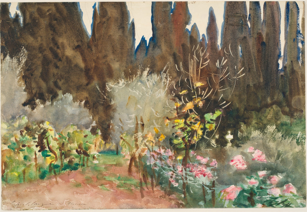 Aquarela de John Singer Sargent, 'Jardins com Ciprestes', representando um jardim sombrio com árvores ciprestes altas e escuras no fundo, e folhagens verdes e flores rosadas em primeiro plano, com um caminho terroso.