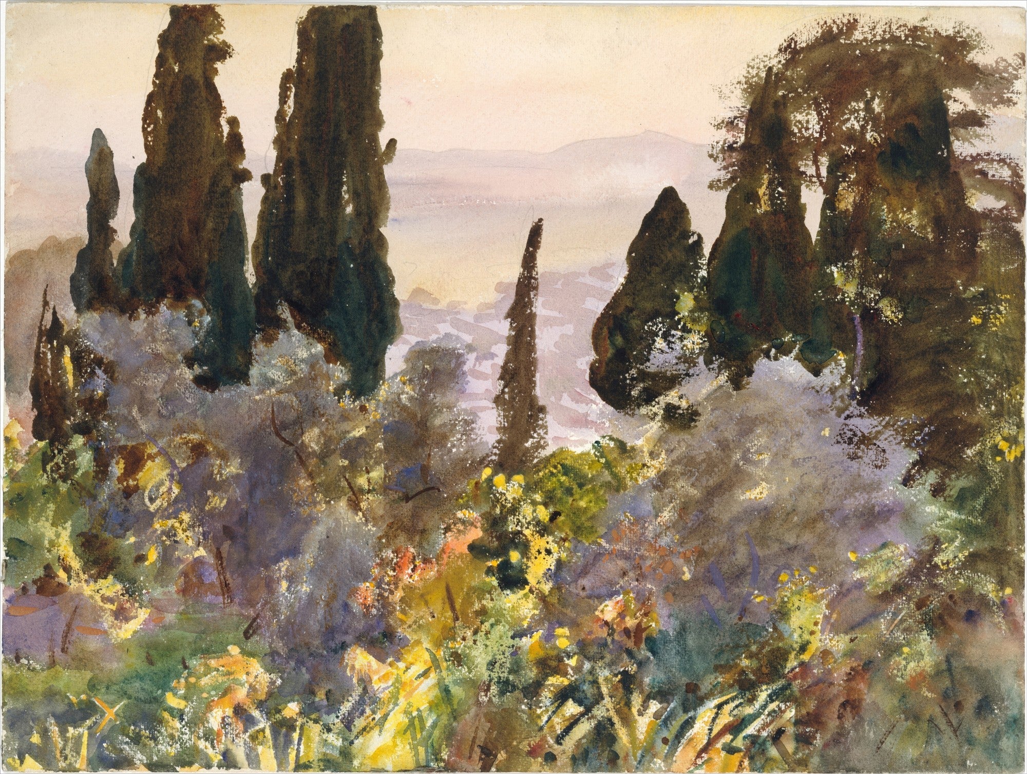Pintura em aquarela de John Singer Sargent, 'Jardins na Itália', mostrando ciprestes escuros e folhagem verde-amarelada em primeiro plano, com montanhas e céu claro ao fundo.