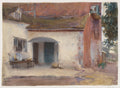 Aquarela de John Singer Sargent retratando a fachada de uma casa com telhado de terracota, paredes claras e uma porta arqueada. Há uma janela com grades e uma mesa com utensílios à esquerda, e folhagem verde à direita.