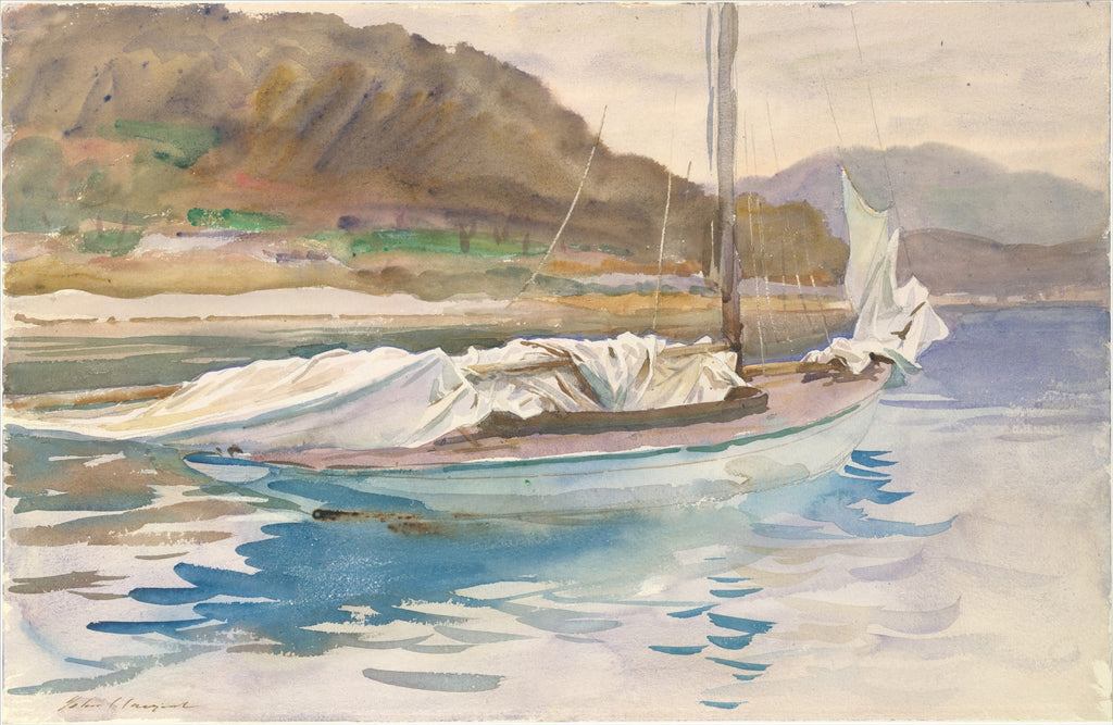 Aquarela de John Singer Sargent mostrando um barco à vela com as velas recolhidas, flutuando em águas calmas, com montanhas e vegetação ao fundo em tons terrosos e azulados.