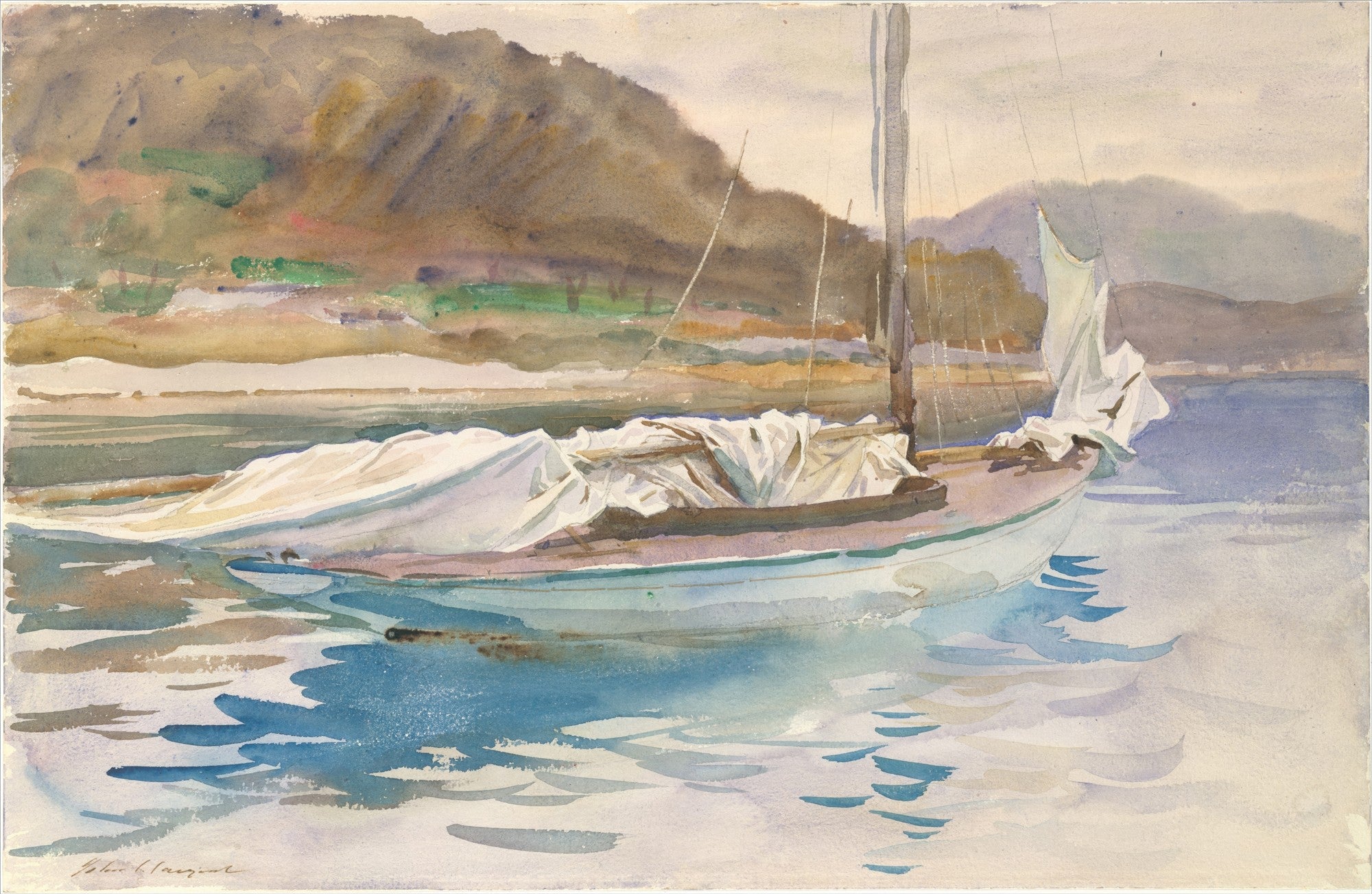 Aquarela de John Singer Sargent mostrando um barco à vela com as velas recolhidas, flutuando em águas calmas, com montanhas e vegetação ao fundo em tons terrosos e azulados.
