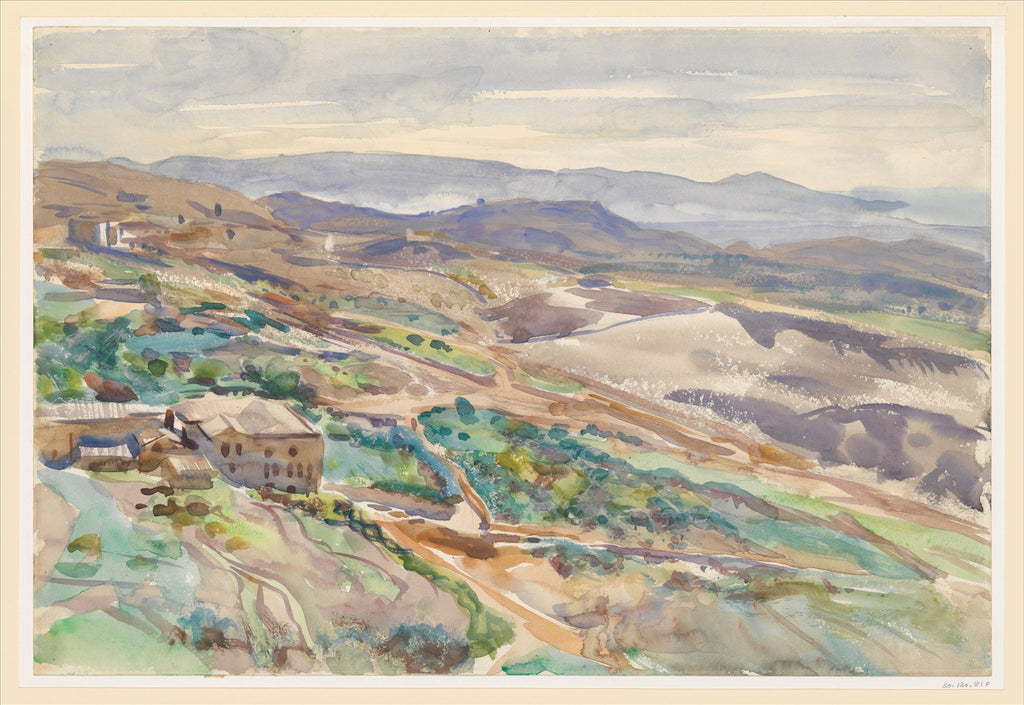 Aquarela de John Singer Sargent mostrando uma paisagem montanhosa e árida com construções em Corfú, em tons de marrom, verde e azul claro.