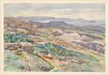 Aquarela de John Singer Sargent mostrando uma paisagem montanhosa e árida com construções em Corfú, em tons de marrom, verde e azul claro.