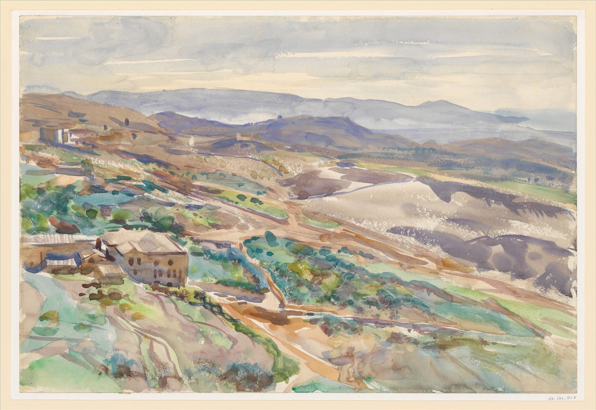 Aquarela de John Singer Sargent mostrando uma paisagem montanhosa e árida com construções em Corfú, em tons de marrom, verde e azul claro.