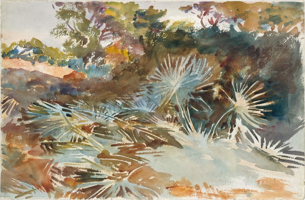 Pintura em aquarela de John Singer Sargent, 'Landscape with Palm Trees', retratando uma paisagem com folhagem densa e palmeiras de folhas largas em tons de verde, marrom e azul claro. A luz incide sobre as folhas criando contrastes.