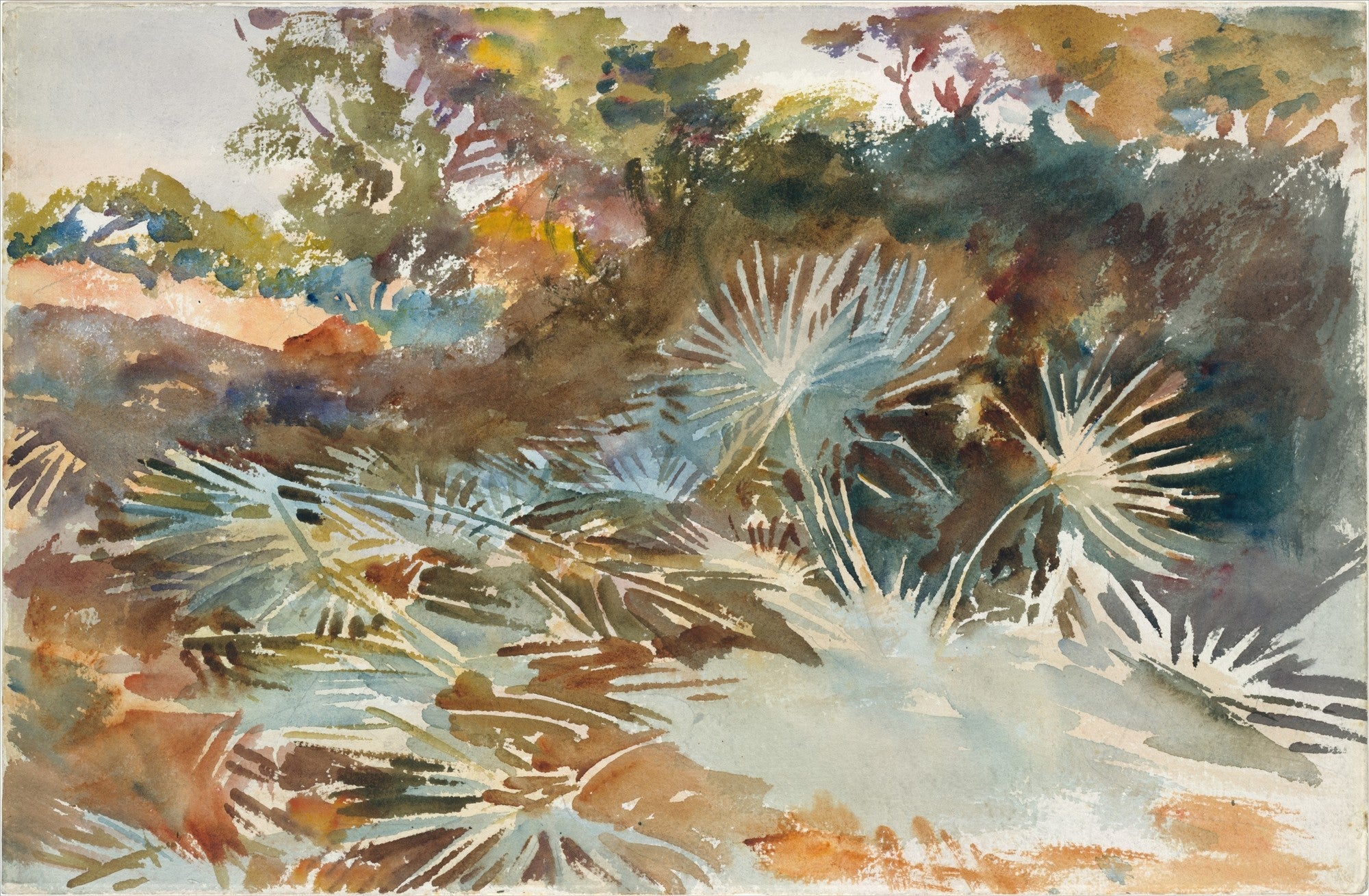 Pintura em aquarela de John Singer Sargent, 'Landscape with Palm Trees', retratando uma paisagem com folhagem densa e palmeiras de folhas largas em tons de verde, marrom e azul claro. A luz incide sobre as folhas criando contrastes.