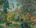 Pintura a óleo de John Singer Sargent mostrando cabras pastando em um olival ensolarado. A cena é vibrante com tons de verde, amarelo e marrom, com o céu azul claro ao fundo.