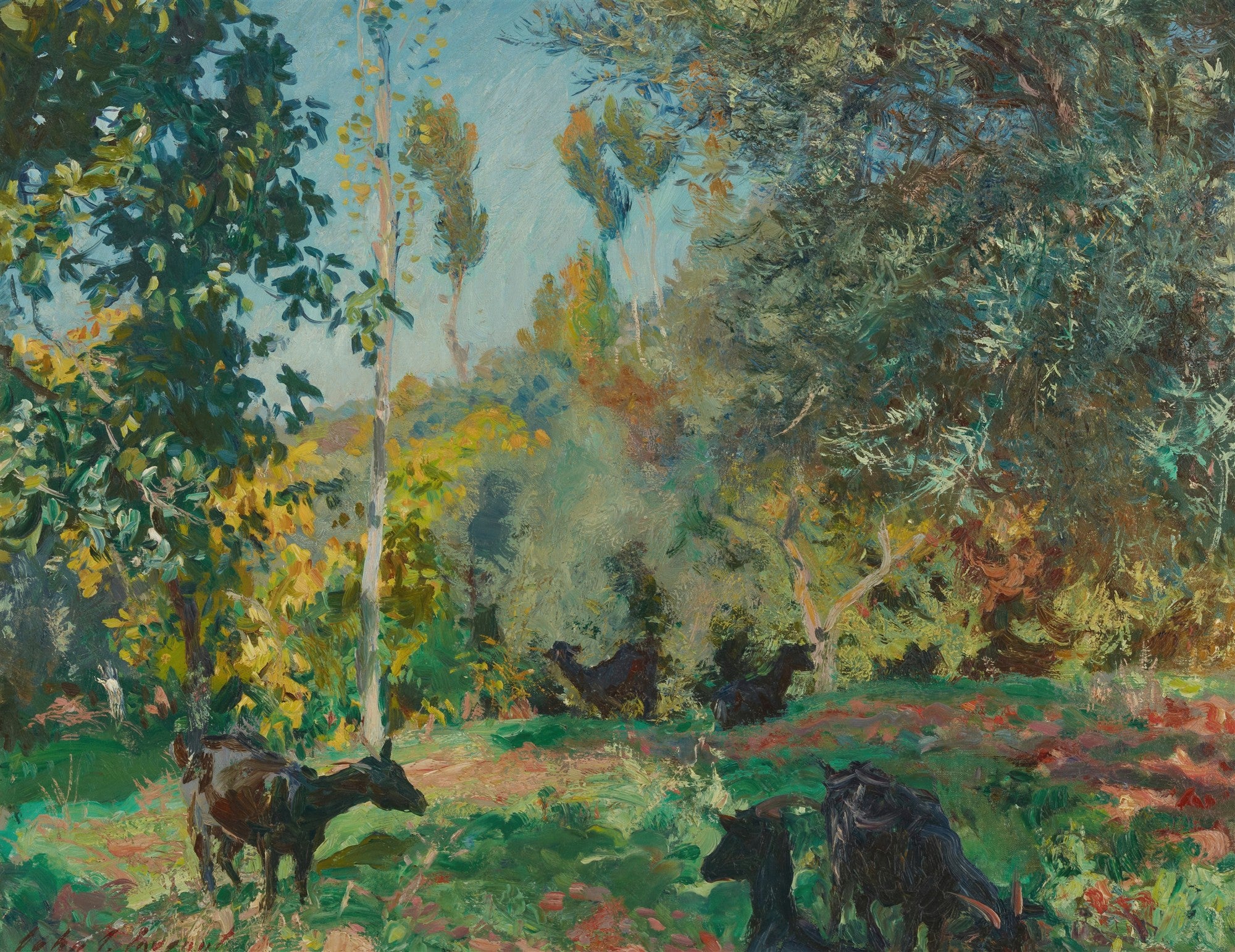 Pintura a óleo de John Singer Sargent mostrando cabras pastando em um olival ensolarado. A cena é vibrante com tons de verde, amarelo e marrom, com o céu azul claro ao fundo.